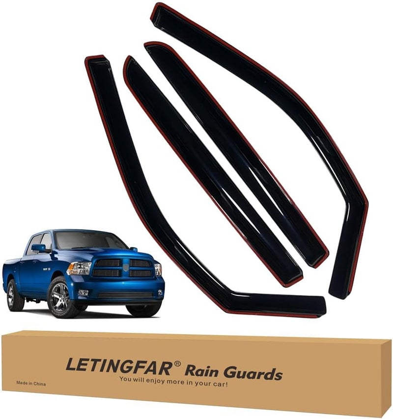 LETINGFAR حراس المطر داخل القناة لسيارة دودج رام 1500 2020 2021 2022 2023 2024 كرو كاب، واقيات نوافذ جانبية، نظارات نوافذ لدودج رام 1500، لملحقات سيارة دودج رام 1500 - Image 1